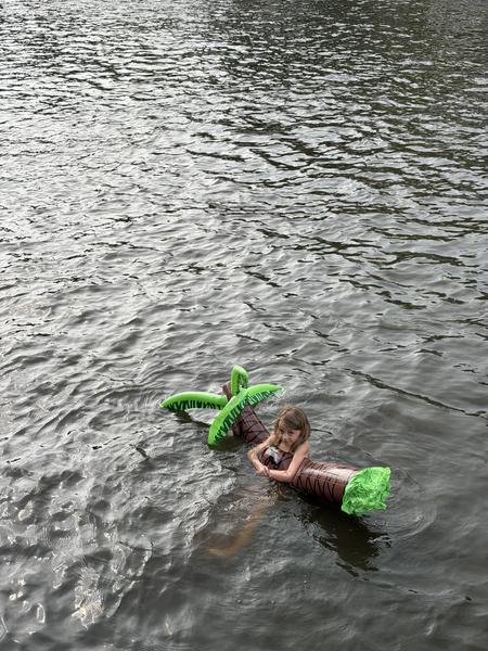 A child is seen happily floating on a brown and green inflatable palm tree in the dark water